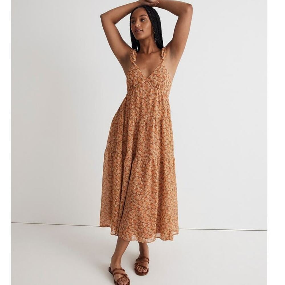 Madewell Georgette Ruffle-Sleeve Tiered Midi Dress in Daisy Meadow Size 6 NWT